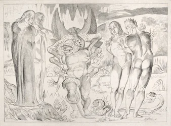 El círculo de los ladrones: Agnolo Brunelleschi atacado por una serpiente de seis patas, Infierno, Canto XXV, ilustración de la 